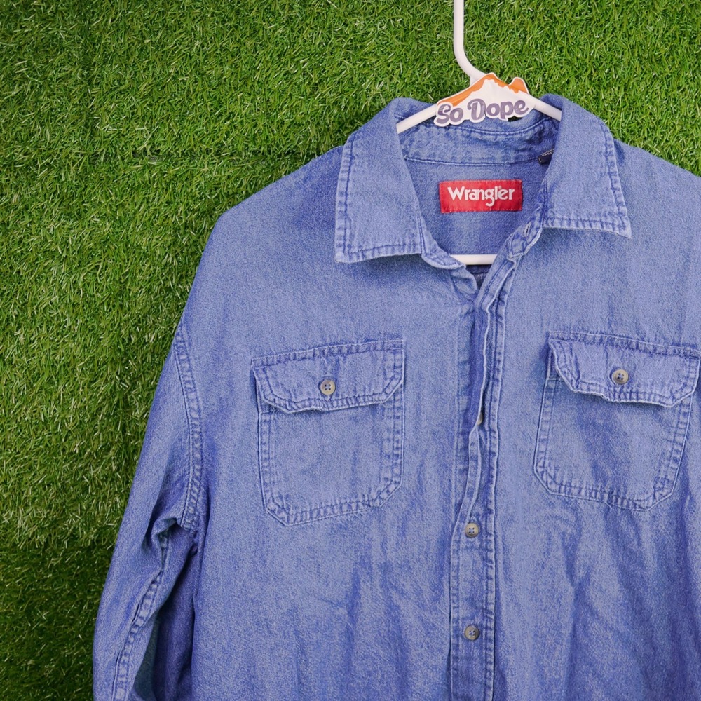 Wrangler Denim Shirt Blue Long Sleeve Button Front - Mens Size L